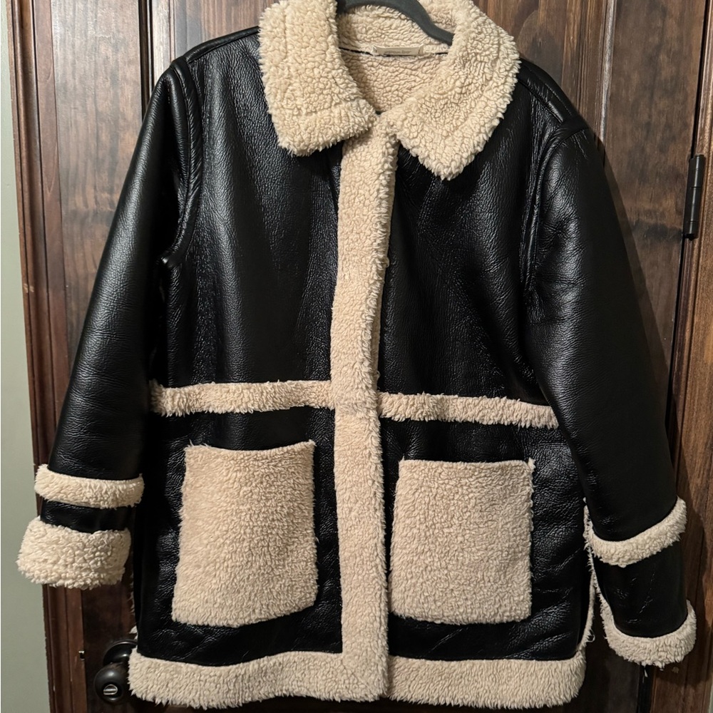 Teddy and leather combo winter coat